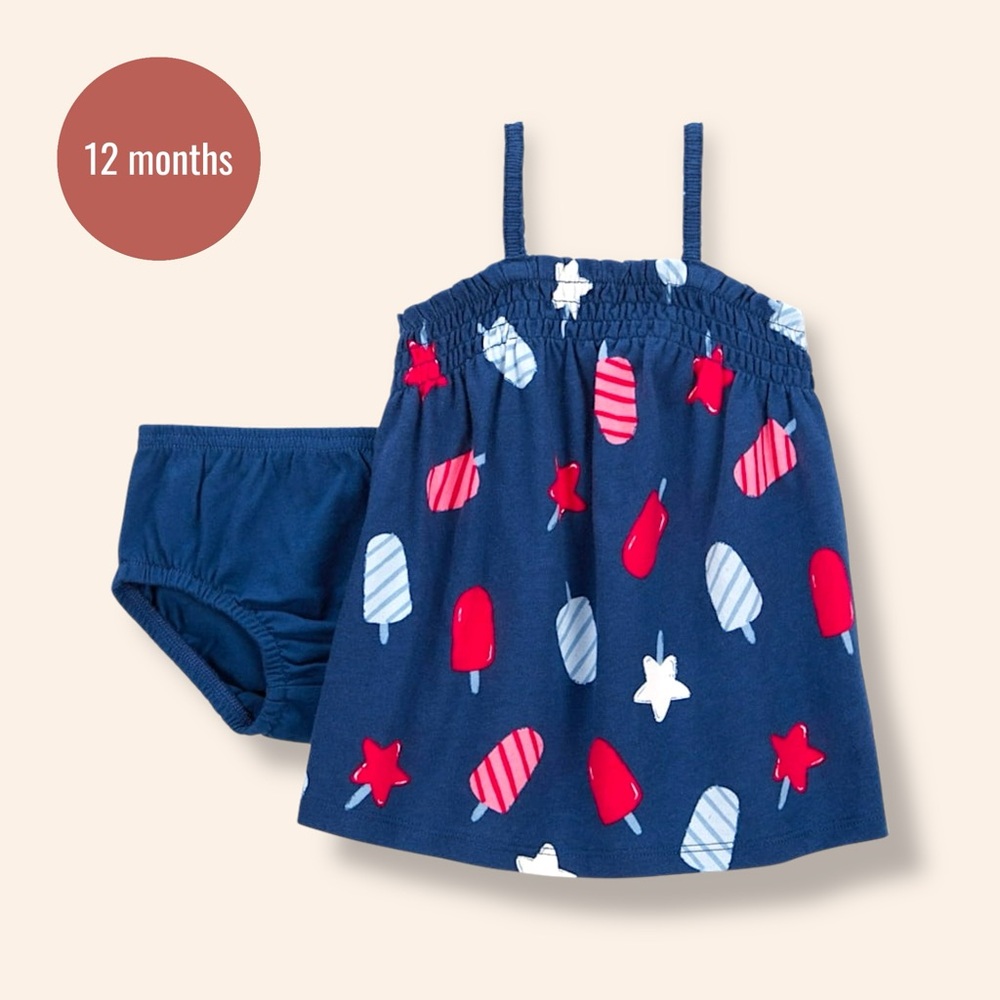 Baby Girl Navy Popsicle & Star Print Dress with Diaper Cover